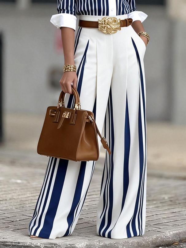 Blue & White Striped High-Waisted Wide-Leg Pants for Women Stretchy Comfortable Flowy Office Trousers S to XXL_ecoleips.com