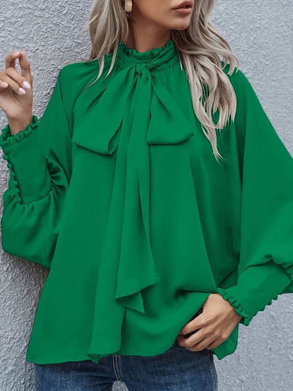 Women's Clothing High Neck Bow Tie Puff Long Sleeve Women's Top Style Loose Fit Versatile Clothing Best Seller_ecoleips.com