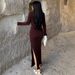 Fashion Elegant Deep V Neck Long Sleeve Autumn Dress With Decorative Belt For Women Sophisticated Fall Cocktail Party Dress_ecoleips.com