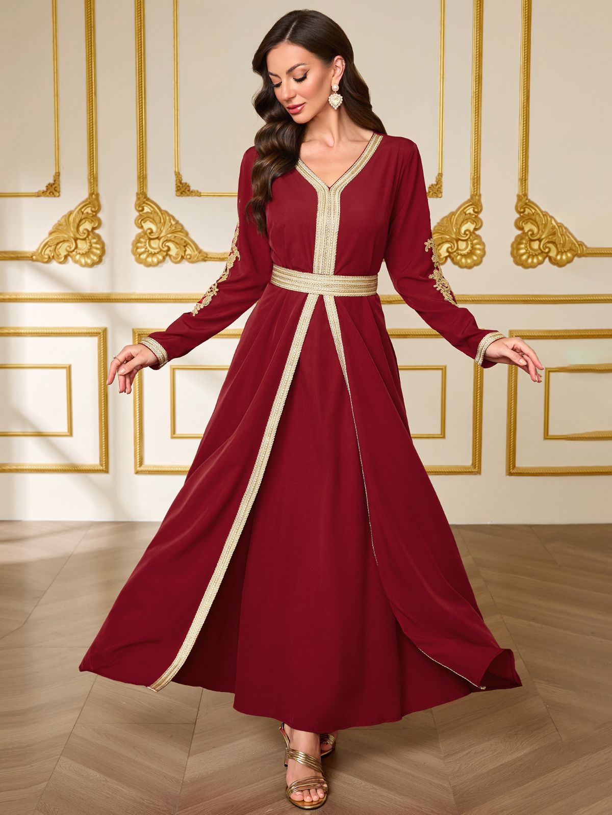 Modest Abaya Dress Elegant Long Sleeve Lace Cover-Up Dress – Flowy Open Front Maxi Robe With Embroidery Details_ecoleips.com