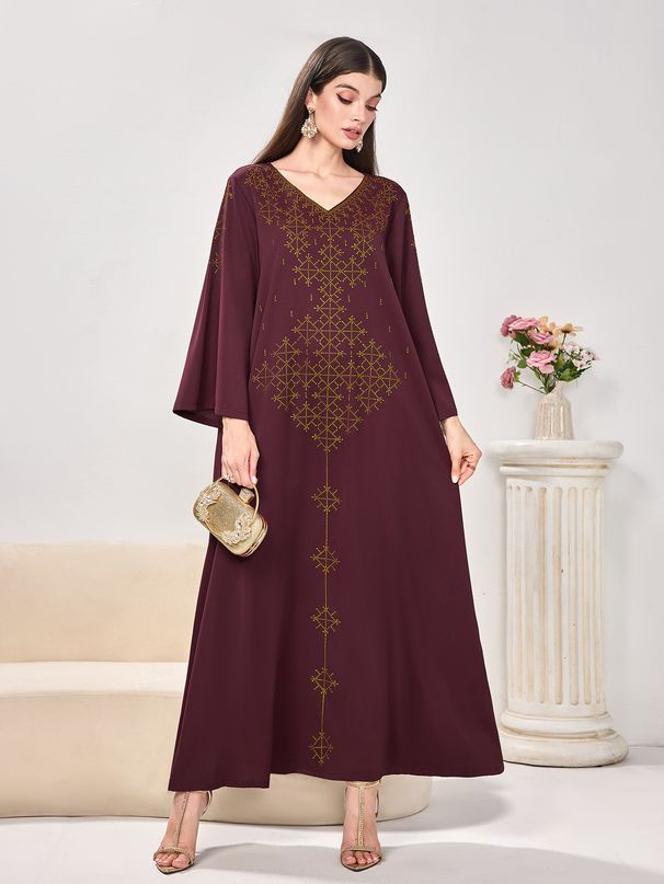 Modest Abaya Dress/Muslim Dress Women Elegant V-Neck Embellished Maxi Dress – Loose Fit, Comfortable & Stylish For Women_ecoleips.com