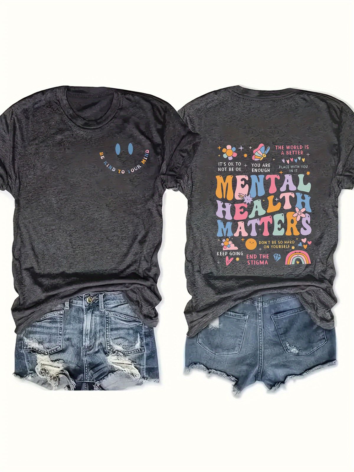 Mental Health Matters Women's Tee - Positive Graphic, Casual Black Oversized Top_ecoleips.com