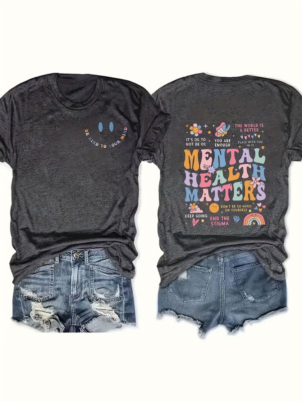Mental Health Matters Women's Tee - Positive Graphic, Casual Black Oversized Top_ecoleips.com
