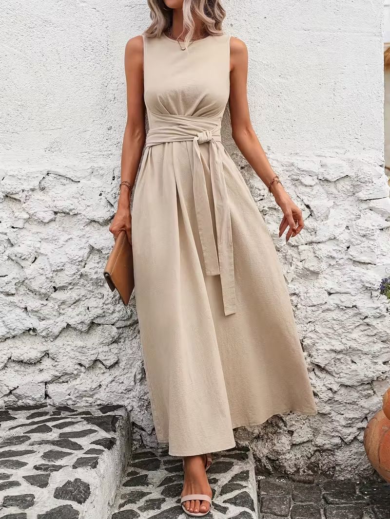 Women's Sleeveless Tie-Waist Dress - Breathable Cotton Blend Shift Dress In 8 Colors (Navy, Black, Sage Green, More)_ecoleips.com