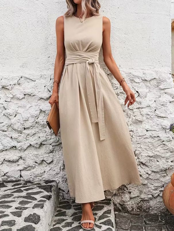Women's Sleeveless Tie-Waist Dress - Breathable Cotton Blend Shift Dress In 8 Colors (Navy, Black, Sage Green, More)_ecoleips.com