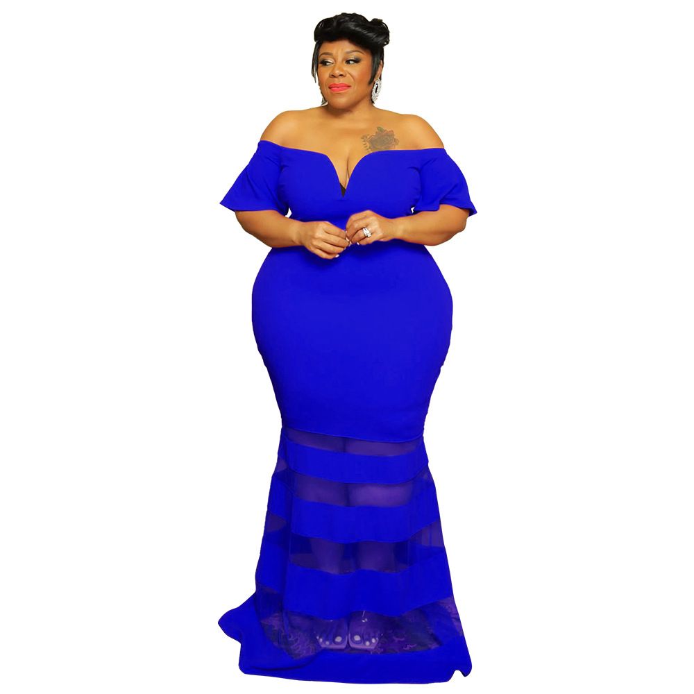 Plus Size V Neck Evening Dress See Through Fashion Bell Sleeves Sexy Independent Site Dress_ecoleips.com
