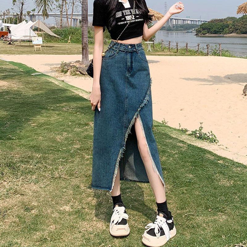 Verve Black And Gray High-Waisted Slimming Irregular Slit Denim 2025 Summer Frayed Design A-Line Midi Skirt_ecoleips.com