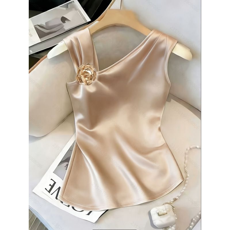 Women's Elegant Fashionable Sleeveless Top Asymmetrical Knit Satin Solid Color Summer New Versatile Commuting Top_ecoleips.com
