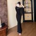 Sexy Black Lace Splicing V-neck Long-sleeved Dress Women's Autumn New Temperament Waist And Thin A-shaped Dress Long Dress_ecoleips.com