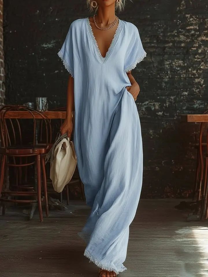 Bohemian Maxi Dress Lace Trim Flowy Cotton Linen Blend Summer Elegant Hem Detail Women's Clothing/Dress_ecoleips.com