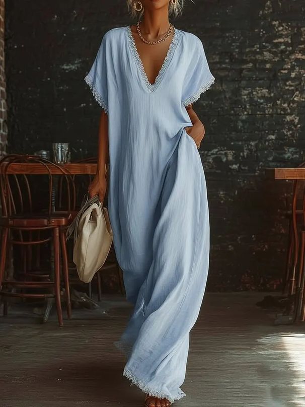 Bohemian Maxi Dress Lace Trim Flowy Cotton Linen Blend Summer Elegant Hem Detail Women's Clothing/Dress_ecoleips.com