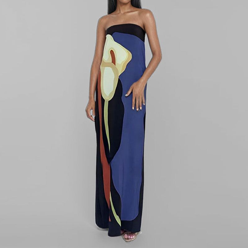 Spring Women's Fashion Sleeveless Strapless Long Dress With Printed Plus-Size_ecoleips.com