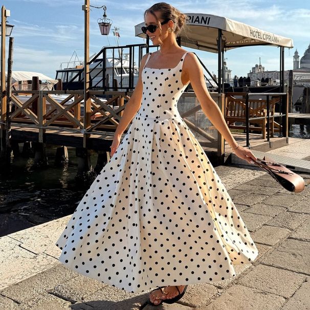 Talenza White Polka Dot Dress Women's Fashion Contrast Backless Elegant Dress Summer New High Waist Women's Party Evening Dress_ecoleips.com