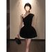 183 French Style Black Asymmetrical Shoulder Irregular Pleated Tank Top And Flower Bud Half Skirt Two-Piece Set For_ecoleips.com