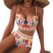 Women's 2-Piece High-Waisted Bikini Set, Floral Print U-Plunge Top With Cross Back Ties Comfortable Polyester Fabric_ecoleips.com
