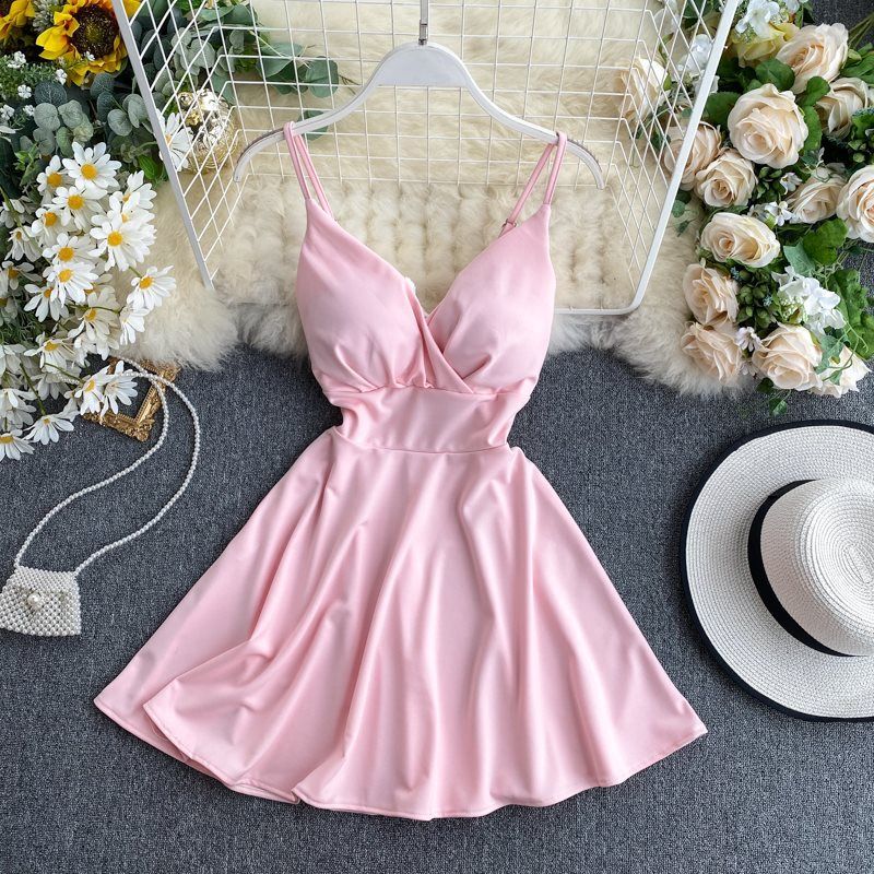 Feminine Spring 2020 Deep V Neck Backless High Waist Slimming Solid Color A-Line Dress Suspender Bottoming Skirt for Women_ecoleips.com