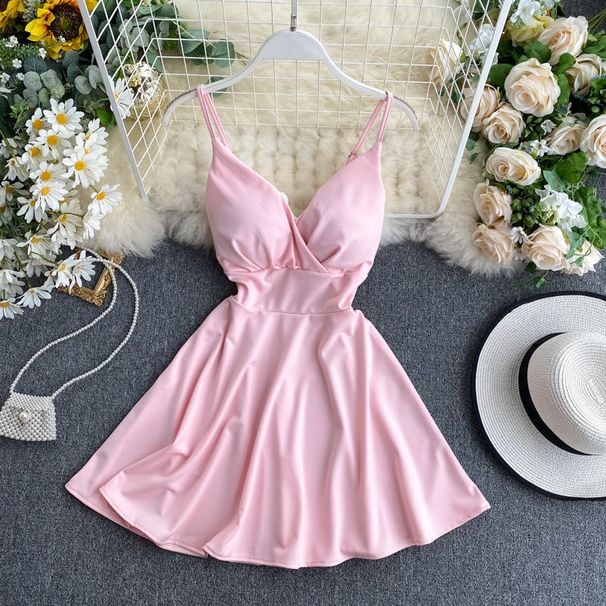 Feminine Spring 2020 Deep V Neck Backless High Waist Slimming Solid Color A-Line Dress Suspender Bottoming Skirt for Women_ecoleips.com