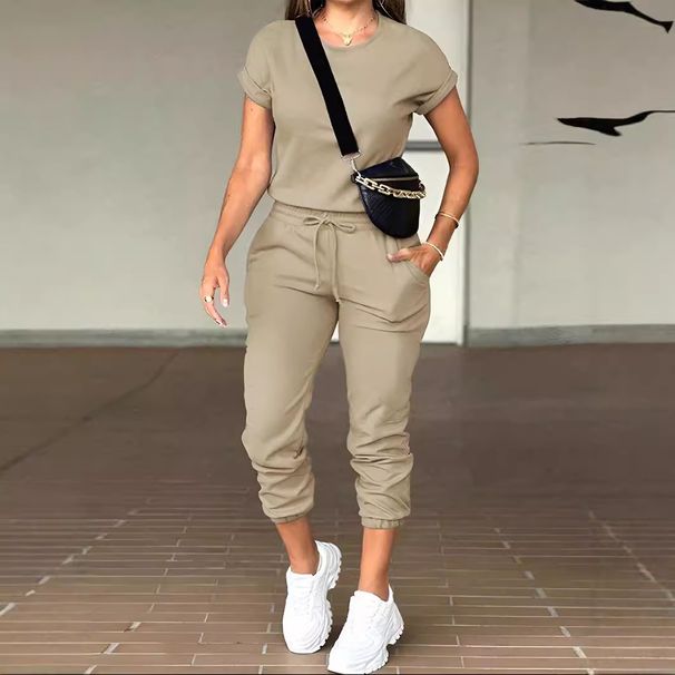 cross-border Foreign Trade Fashion Casual Women's Clothing Solid Color Round-neck Top And Multi-pocket Pants Set,_ecoleips.com