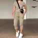 cross-border Foreign Trade Fashion Casual Women's Clothing Solid Color Round-neck Top And Multi-pocket Pants Set,_ecoleips.com