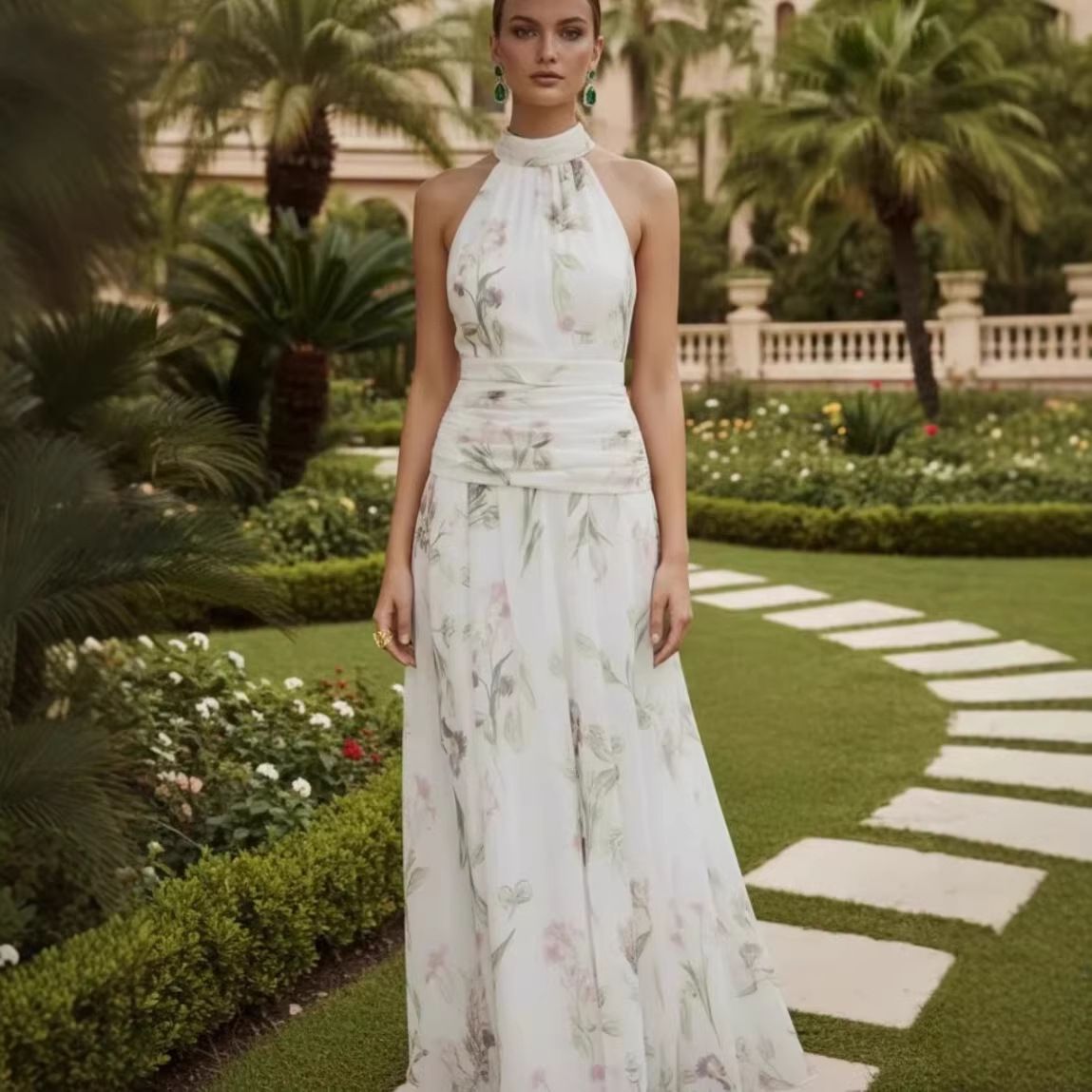 Summer Elegant Printed High Neck Dress Women's Waist Cinching Slim Long Resort Style European American Cross Border Fashion_ecoleips.com