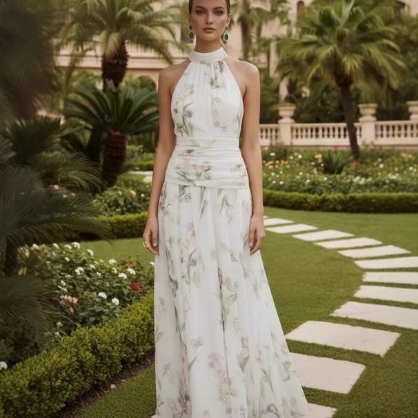 Summer Elegant Printed High Neck Dress Women's Waist Cinching Slim Long Resort Style European American Cross Border Fashion_ecoleips.com