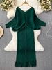 Freeacy Women's Solid Color V-neck Batwing Sleeves Evening Dress High Waist Slim Fit Fringe Dress 2025 Fall Stylish Party Gowns_ecoleips.com
