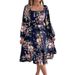 Real Shot Spring Summer European American Elegant Flower Square Collar Long Sleeve Waist Ruffle A-line Dress Independent_ecoleips.com