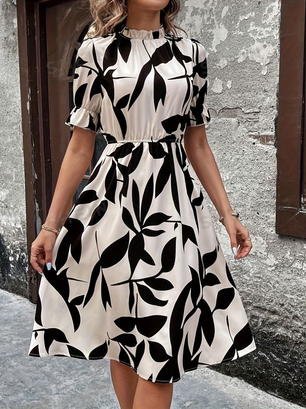 2026 European American Size Cross-border Dress With Ruffled Neckline, Back Slit, Digital Print, Elastic Waist, And Short_ecoleips.com