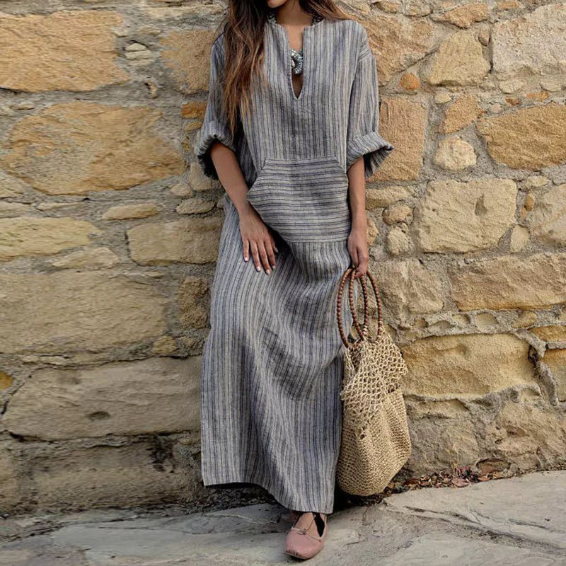 Popular New Cotton And Linen Dyed Striped Loose Dress_ecoleips.com