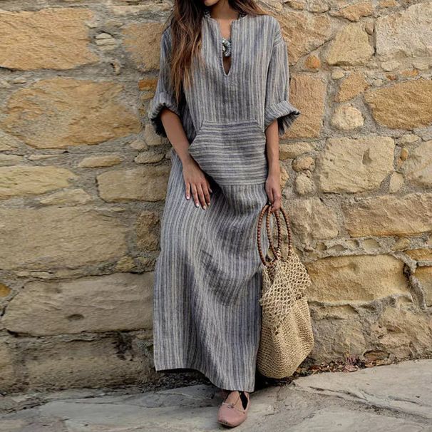 Popular New Cotton And Linen Dyed Striped Loose Dress_ecoleips.com