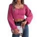 Real Shot Spring Summer European American Casual Lantern Sleeve Tie Waist Chiffon Blouse Crop Top Independent_ecoleips.com