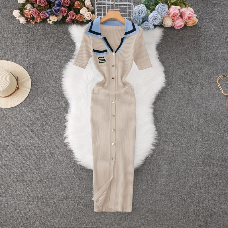 Women's Clothing Contrast Color Polo Collar Sweater Dress Fashion Pocket Hip Long Skirt Short Sleeve Embroidery Knitted Dress_ecoleips.com