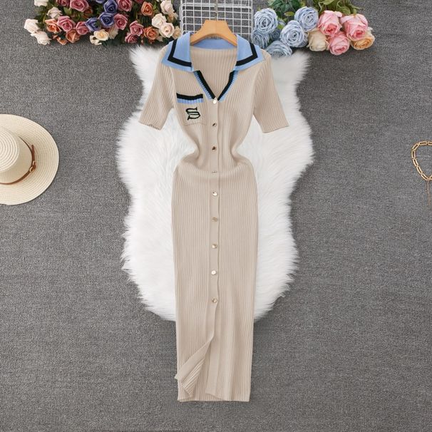 Women's Clothing Contrast Color Polo Collar Sweater Dress Fashion Pocket Hip Long Skirt Short Sleeve Embroidery Knitted Dress_ecoleips.com
