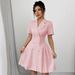 Women's Summer Solid Color Short Sleeve Belted Double Breasted Dress - V-Neck, Midi Length, Workwear & Casual Elegance_ecoleips.com