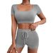 Women's Clothing Summer Women's Solid Color Crop Top Square Neck Sports And Leisure Suit Fashion Outfit Loose Fit Summer Two Piece Set_ecoleips.com