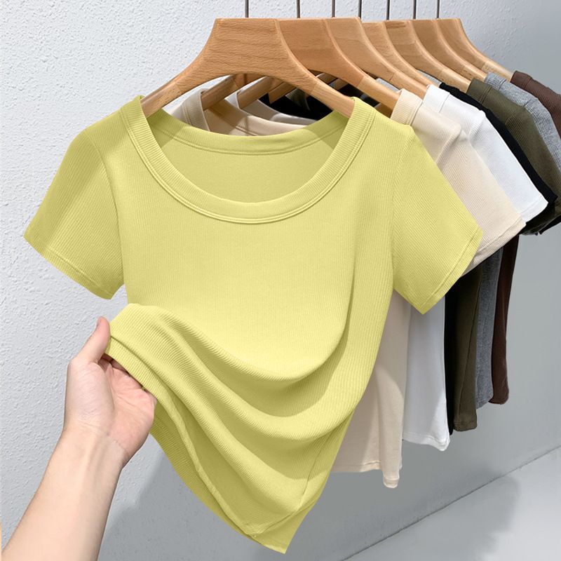 Women's Hong Kong Style Trendy Sophisticated Round Neck Short Sleeve Top Ribbed Fabric Hot Selling Spring Summer_ecoleips.com