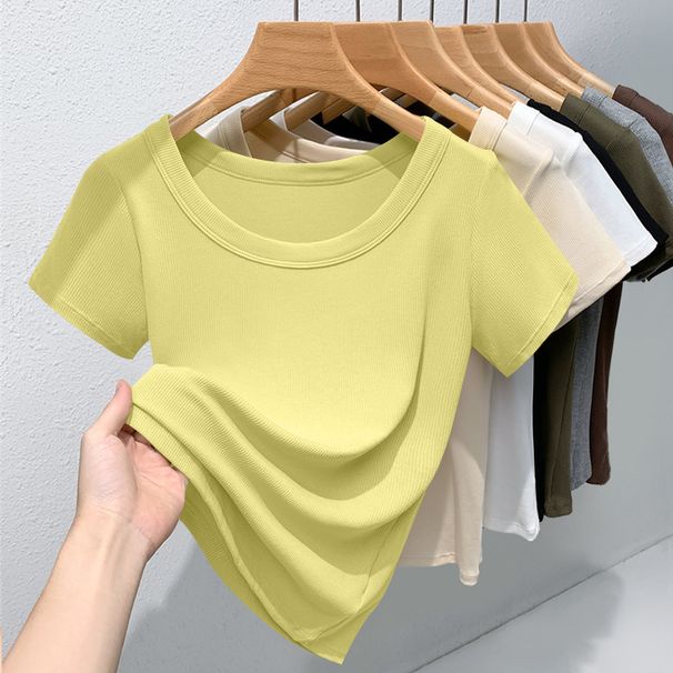 Women's Hong Kong Style Trendy Sophisticated Round Neck Short Sleeve Top Ribbed Fabric Hot Selling Spring Summer_ecoleips.com