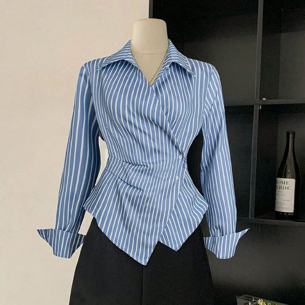 Cross-Border Foreign Trade Women's Fashion Elegant Striped 2025 Autumn New European And American Style Long Sleeve Shirt_ecoleips.com