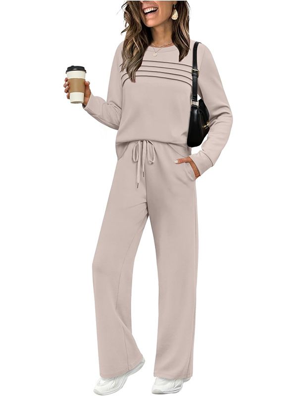 2025 New Autumn European And American Cross-Border Women's Suit Sleeve Round Neck Top Casual Elastic Waist Long Wide Leg_ecoleips.com