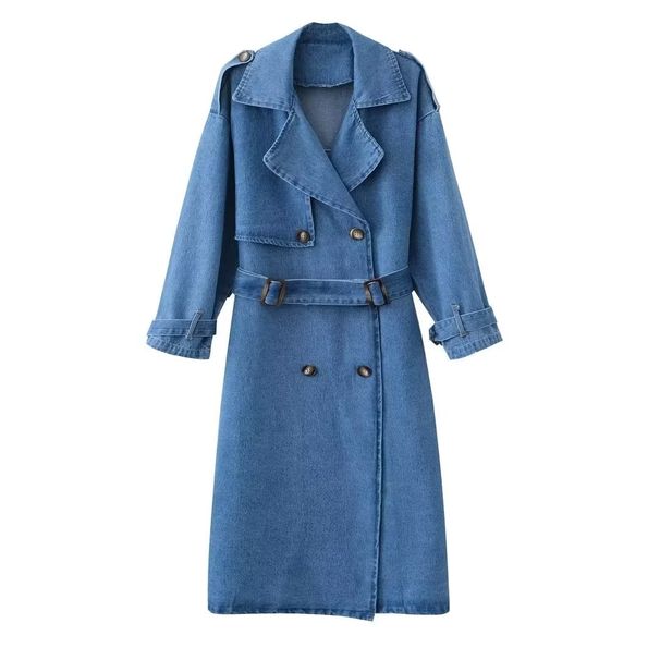 Women's Clothing Autumn New Style Temperament Leisure Blue Denim Slim Fitting Tie Waist Long Windbreaker_ecoleips.com