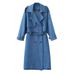 Women's Clothing Autumn New Style Temperament Leisure Blue Denim Slim Fitting Tie Waist Long Windbreaker_ecoleips.com
