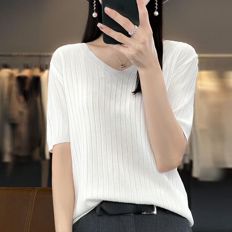 2026 New Summer V-neck Ice Silk Short-sleeved Knitted Sweater Women's Loose Thin Ice Silk T-shirt Women's Top Wholesale_ecoleips.com
