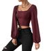 Voya Women's New Wine Red Square Neck Short Knitted Top For Spring And Summer, Long Sleeved Retro Lantern Sleeves, Slim Fit Bottom Shirt_ecoleips.com