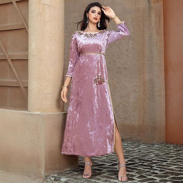 Ba5164 Lotus Pink Velvet Snowflake Hand-Stitched Rhinestone Gold Webbing Dress For Toasting Dresses_ecoleips.com