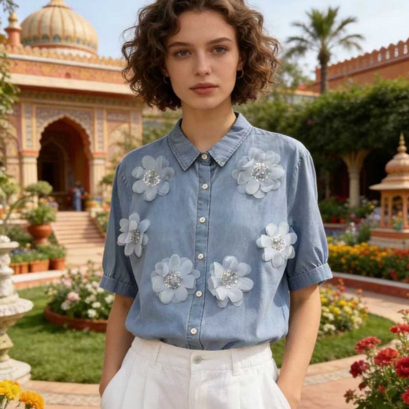 Women's Vintage Western Style Embroidered 3D Floral Sequin Appliqué Denim Shirt Cowhide Trim Unique Export Design Top_ecoleips.com