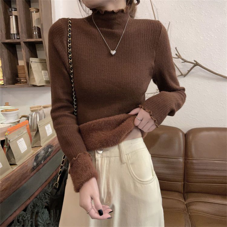 girl Winter Slim Fit Base Half Turtleneck Integrated Fleece Thickened Long Sleeve Knitted Top Warm Shirt_ecoleips.com