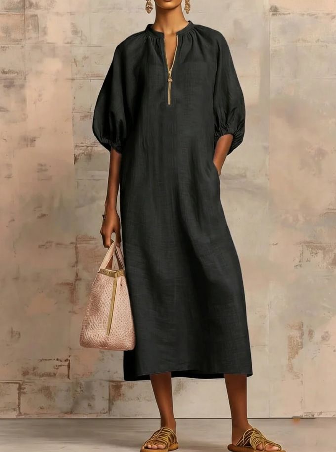 Women's Solid Color Casual Round Neck Dress Zipper Puff Sleeve American Style Spring Summer Hot Selling Loose Fit_ecoleips.com