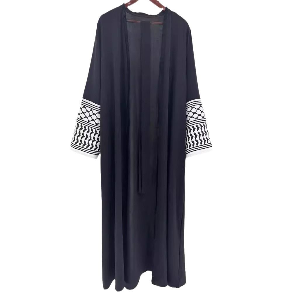 Women's Muslim Clothing Elegant Pocket Cardigan Embroidered Color-Block Dress Belted Robe_ecoleips.com
