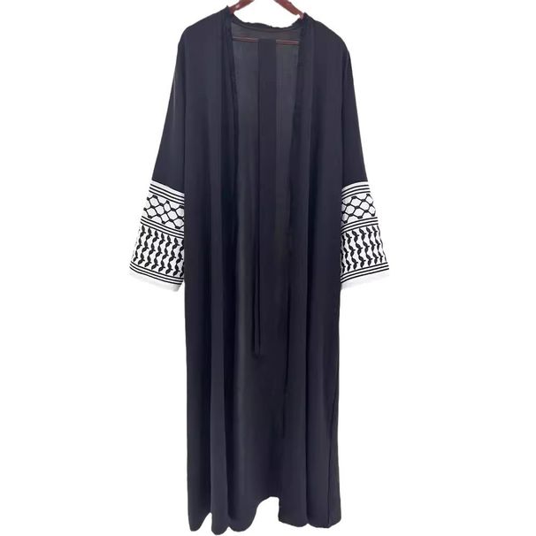 Women's Muslim Clothing Elegant Pocket Cardigan Embroidered Color-Block Dress Belted Robe_ecoleips.com
