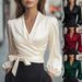 Elegant Satin V Neck Slimming Top For Women Tie Waist New Style Spring Autumn Independent Websites_ecoleips.com